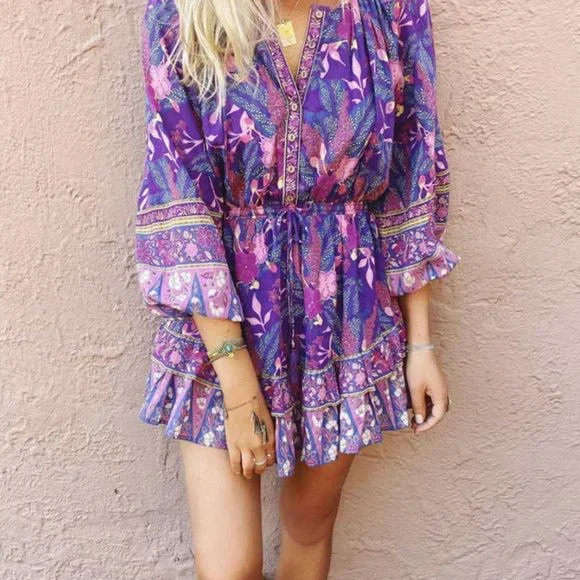 Bohemian Gypsy Purple Floral Print Mini Ruffle dress - Picture 2 of 16